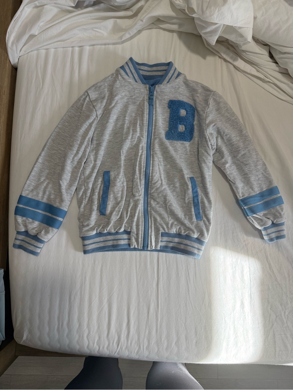 Little Sleepies Light Gray and Light Blue Kids Zip Bomber Jacket with 'B' Patch